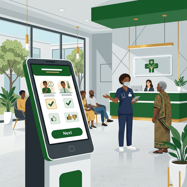 Modern hospital reception with AI-powered patient triage kiosk